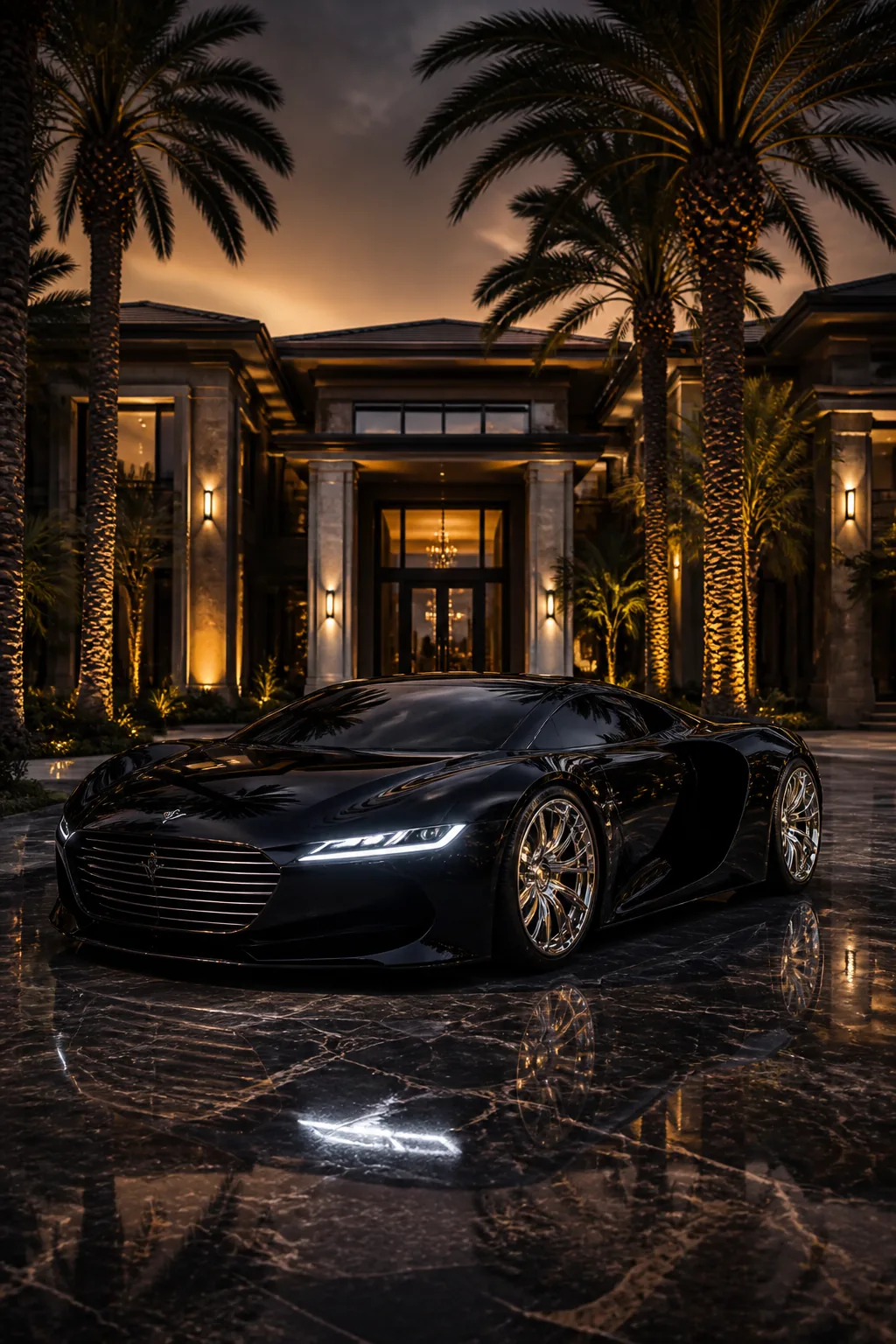 Luxury black concept car outside a modern mansion